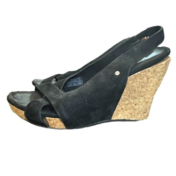 UGG Hazel Criss Cross Black Suede‎ Cork Wedge Slingback Sandals Boho Size 6 - Picture 6 of 11